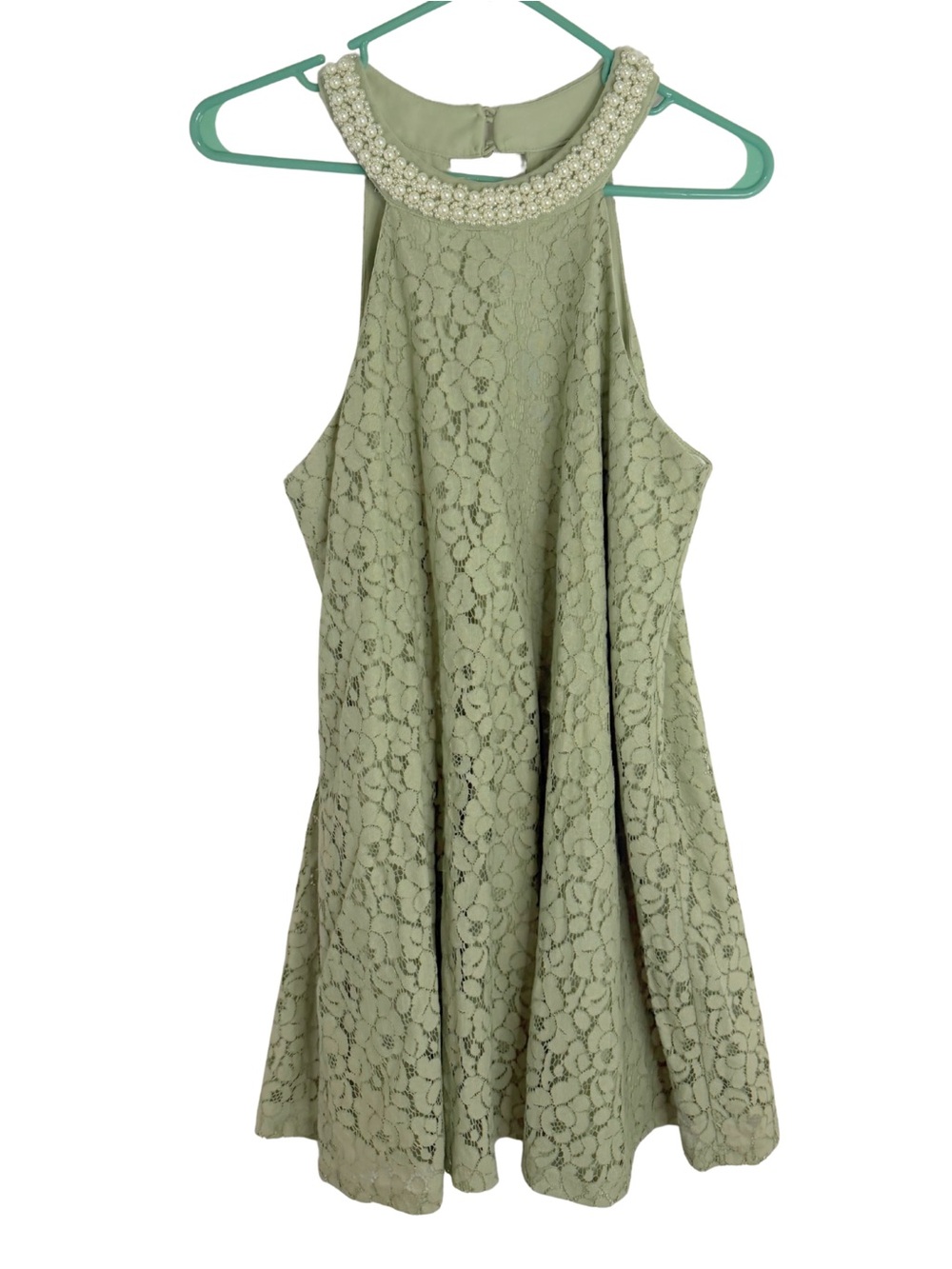 Altar'd State Sage Green Lace Sleeveless Dress with Faux Pearl Collar Size Small